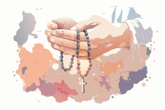 Praying hands holding rosary beads with a visible christian cross