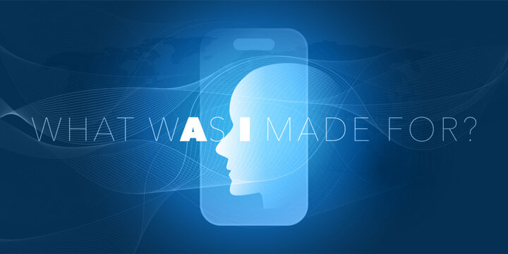 Minimlaist Blue Machine Learning, Artificial Intelligence Design, AI Acronym on Robot Face. "What Was I Made For" - Food for Thought Concept on Purpose, Use and Existence of AI