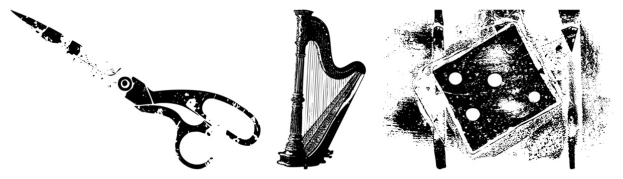 Retro style scissors with worn texture, ornate harp with strings, scratched dice with pips all in vector art.