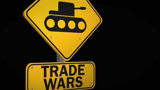 Stylized yellow road warning sign with tank pictogram and Trade Wars text on dark background representing escalating international trade disputes, tariffs, sanctions and economic confrontation.