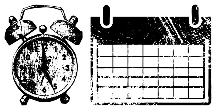 Classic alarm clock and wall calendar with grunge effect, timekeeping tools, daily planner symbols, retro graphic elements, illustration.