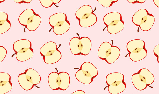 Cute seamless pattern with apple halves on soft pink pastel background.Repeating fruit texture with apple halves, perfect for fabric, wrapping paper, packaging, wallpaper and food design projects.
