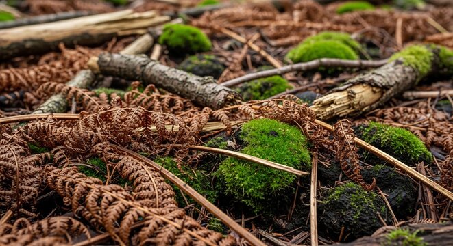 Close-up of Forest Floor with Moss and Ferns.
