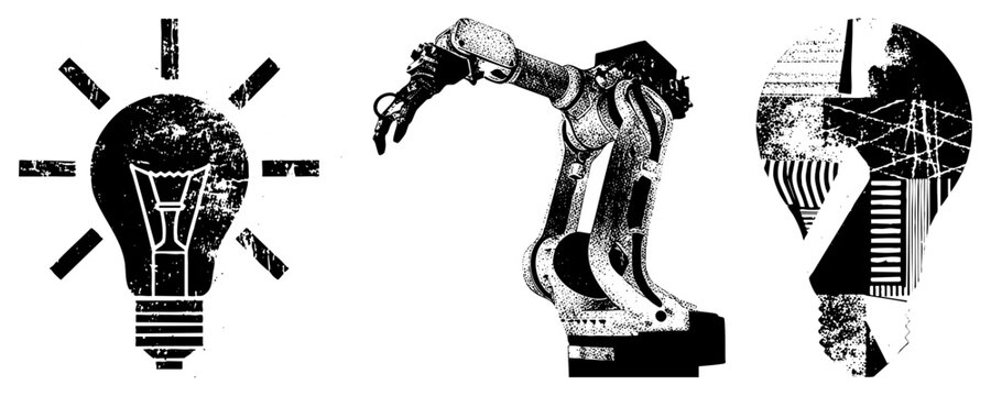 Industrial robot arm beside stylized lightbulbs, representing automation, ideas, and design. Vector halftone graphics with distressed textures. Tech,,, engineering concepts.