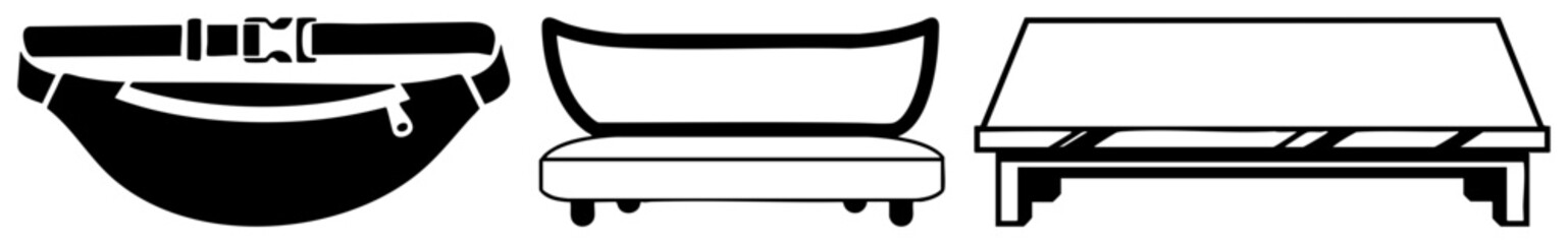 Three isolated vector fanny pack with zipper, curved sofa with legs, rectangular coffee table with slats. Flat design,, modern furniture and accessory silhouettes.