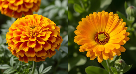 Fototapeta premium Split image showcasing two distinct vibrant orange marigold flowers with lush green foliage, one dense and one simple petal.