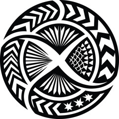 Circular Maori tribal art showcasing intricate patterns, geometric symbols, and flowing lines for Polynesian inspired body art and ethnic decor. © Munna_SH