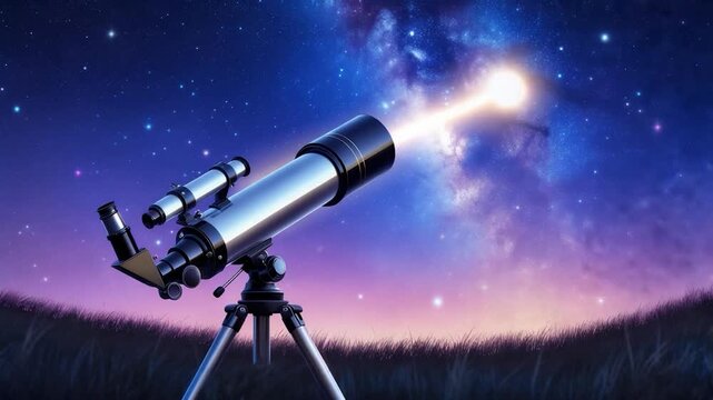 A telescope on a tripod aimed at a vibrant starry night sky with a grassy foreground