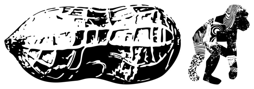 Graphic vector art of distorted human form and textured stone object, halftone glitch effect, stencil style, isolated foreground elements.