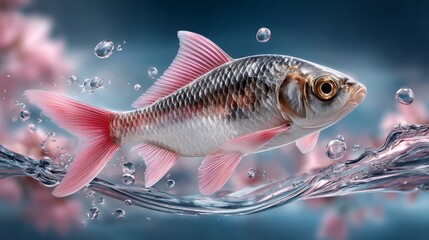 Fototapeta premium Colorful fish swimming in clear water near pink flowers in a serene underwater setting