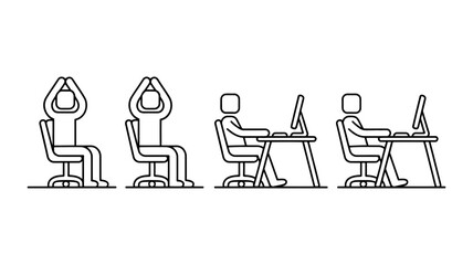 Fototapeta premium An outline illustration shows an office worker performing seated stretches at a desk, promoting ergonomic wellness.
