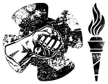 Graphic of clenched fist emerging from rubble, paired with flaming torch, representing rebellion, revolution, and hope, stencil style illustration.