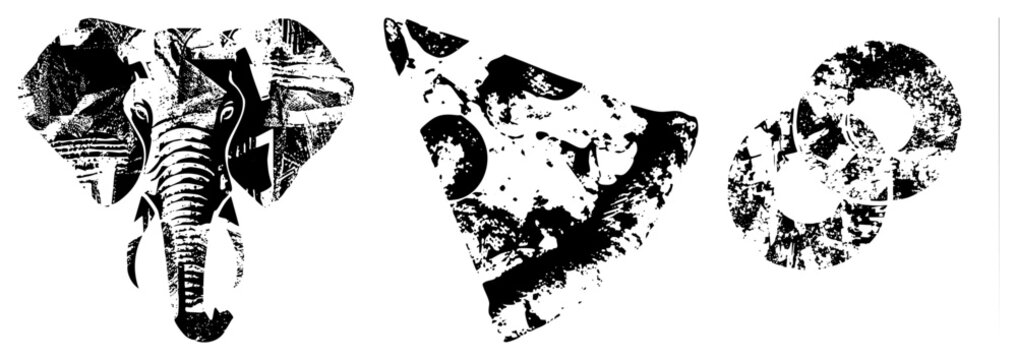 Black and white vector featuring elephant head, pizza slice, and donut with distressed halftone texture, isolated cutout designs for branding or UI.