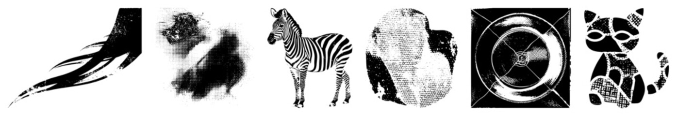Fototapeta premium Stylized vector featuring zebra, cat, and geometric shapes, rendered in halftone and solid black, ideal for modern design projects.
