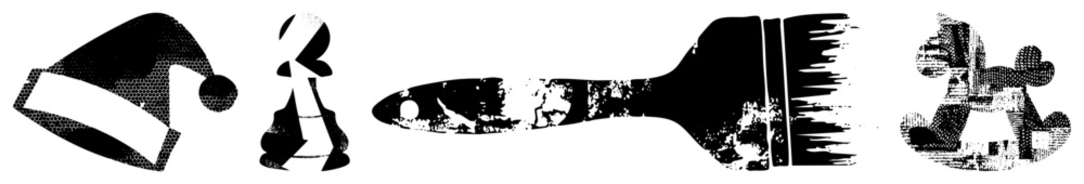 Santa hat, chess bishop, paintbrush, dog silhouette all depicted in bold halftone style, vector cutouts with textured dot, ideal for graphic design or print.