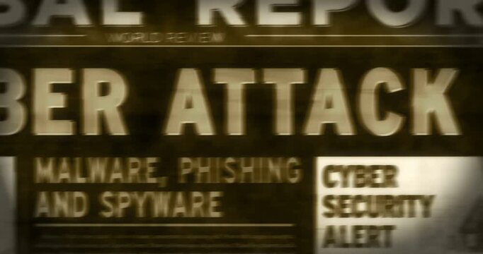 Cyber attack breaking news on vintage microfilm reader. Digital warfare and hybrid war title headline newspaper on retro microfishe. Information media print looped animation. 