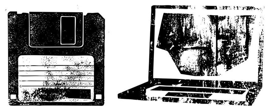 Classic floppy disk and old school laptop with pixelated screen, retro computing, analog digital transition, nostalgic tech, obsolete hardware.