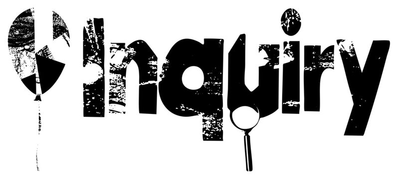 Stylized word "Inquiry" with distressed texture, magnifying glass, leaf symbol, investigative theme, bold typography, design.
