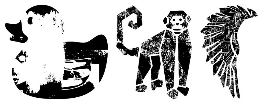 Graphic vector of duck, monkey, and bird rendered in high contrast black with distressed texture, isolated cutout style, perfect for branding or tattoo art.