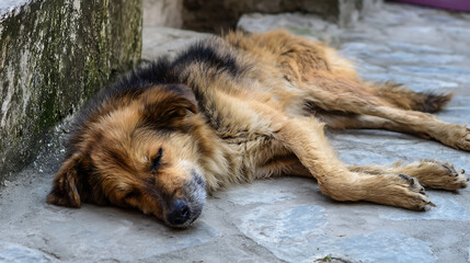 Tranquil moment: A brown and black domestic animal peacefully rests outdoors on textured ground, enjoying a quiet nap during the day