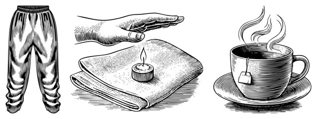 Classic hand drawn sweatpants, candle on cloth, tea cup with saucer, vintage engraving style, black and white vector art, cozy relaxation scene.