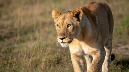 Fototapeta premium Majestic African Lioness Stalking Through Golden Savanna Grass at Sunrise, Powerful Female Lion Predator Hunting in Wild Safari Landscape