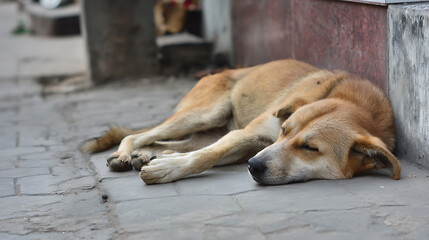 Sleepy domestic dog rests peacefully outdoors on a stone pavement next to a weathered wall, deep in slumber during a quiet day