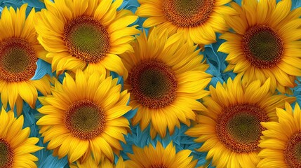 Vibrant seamless pattern of bright yellow sunflowers with dark centers