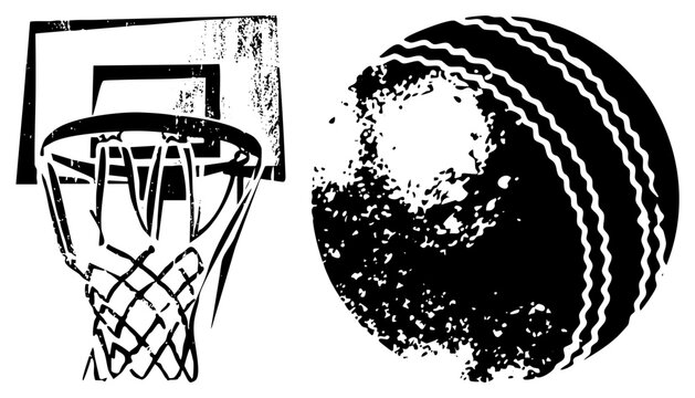 Grunge style vector of basketball hoop and cricket ball, bold, distressed texture, athletic symbols, sport equipment graphics.