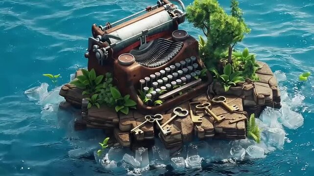 Abandoned typewriter on an island in 3D isometric low poly clay style 4K Videos