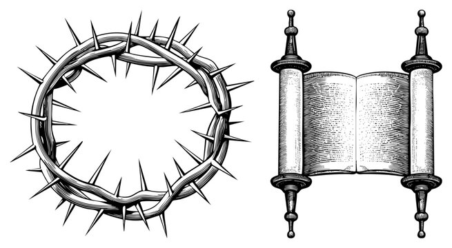 Crown of symbolizing sacrifice, Torah scroll unrolled for reading, religious, biblical art, engraved work, sacred text, Jewish symbolism.