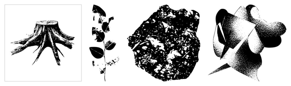 Four isolated vector graphics tree stump, leafy branch, textured rock, halftone abstract form all in, flat style, ideal for design assets.
