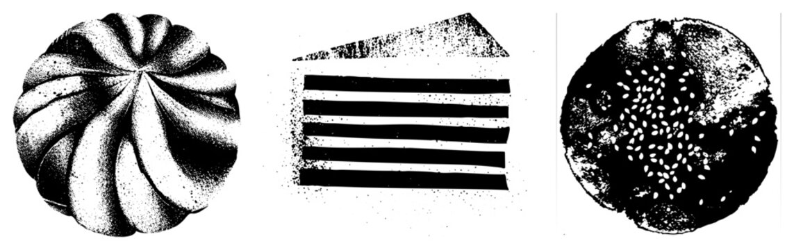 Vector illustrations of halftone rendered food swirled pastry, striped cake slice, sesame topped bread, all in black and white with dot, isolated foreground elements.
