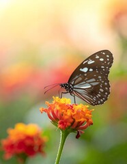 Naklejka premium Beautiful butterfly perched on a vibrant orange flower in a sunny garden.