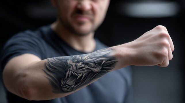 Man showing tattoo of a fierce animal on his forearm in an indoor setting
