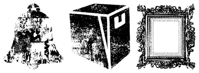 Three distinct weathered bell, textured cube, decorative frame. Graphic symbols for design, nostalgia, or UI elements. Black and white vector art with halftone texture.