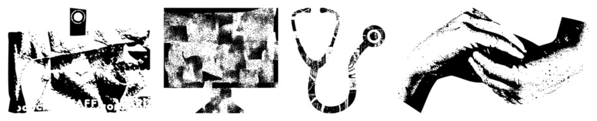 Fototapeta premium Stethoscope, hands holding arm, monitor, and speaker rendered in halftone dot style, medical or health tech theme, vector graphic, black and white.