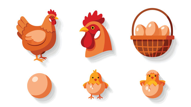 Vector set of farm poultry: hen, rooster, hatching chicks, and eggs. Cartoon style agriculture elements on white.