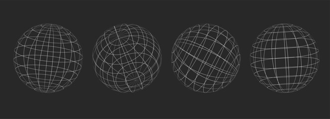 Globe grid spheres. Striped 3D spheres, geometry globe grid, Striped 3D orbs, Earth longitude and latitude line wireframe spheres, Earth globe hemispheres set. Geometry globe grid, © Alyona