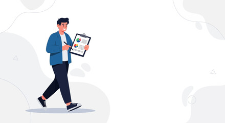 Fototapeta premium Man walking with clipboard and charts, business analysis and planning concept