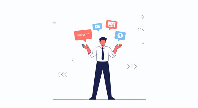 Businessman juggling business icons: email, chart, user, and text bubble