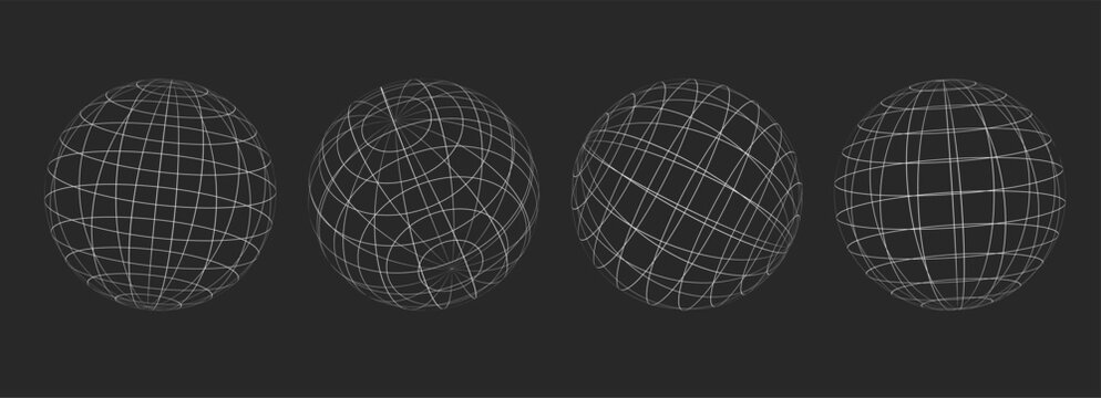 Globe grid spheres. Striped 3D spheres, geometry globe grid, Striped 3D orbs, Earth longitude and latitude line wireframe spheres, Earth globe hemispheres set. Geometry globe grid,