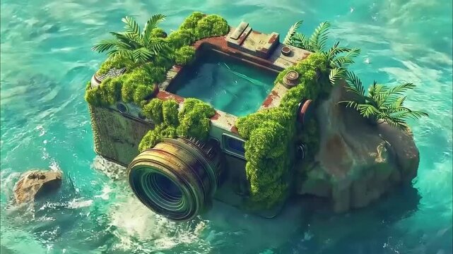 abandoned camera on a low poly isometric 3D clay style island 4K Videos