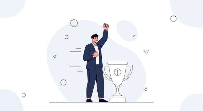 Businessman celebrating victory with a trophy, success and achievement concept illustration