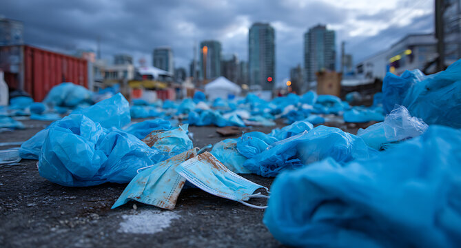 Blue medical masks scattered on ground with cityscape in background on cloudy day outside