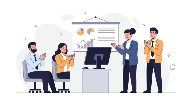 Business team applauding during presentation, successful meeting, teamwork, office meeting