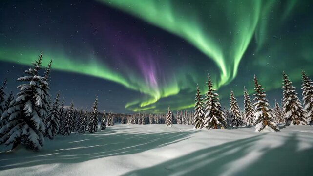 Aurora night view over the snow forest