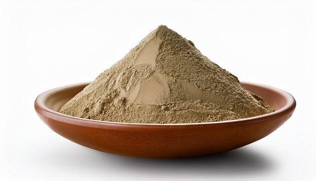 fuller earth or multani mitti powder in bowl for traditional herbal ayurvedic face pack skin care cutout in white background format