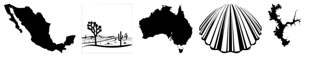 Fototapeta premium Mexico map, Joshua tree desert scene, Australia continent, scallop, jagged silhouette all in minimalist vector art, ideal for design or print.