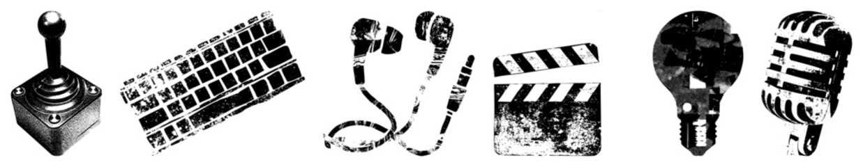 Fototapeta premium Retro tech joystick, keyboard, headphones, clapperboard, bulb, mic. Distressed vector. Isolated digital artifacts. Analog to digital transition tools.